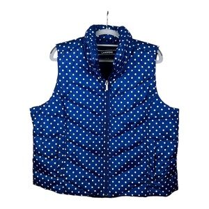 LANDS' END DOWN PUFFER VEST, Blue w/ White Polka Dots Front Zip EUC Womens XL